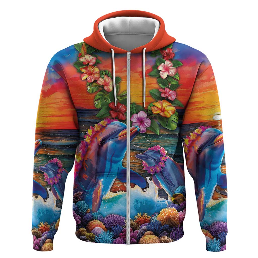 Hawaiian Lei Day Zip Hoodie Dolphins with Colorful Corals and Romantic Sunset LT03 Zip Hoodie Orange - Polynesian Pride
