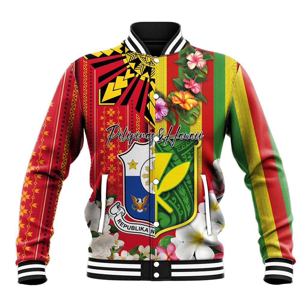 Personalised Hawaii and Philippines Together Baseball Jacket The Emblems with Cultural Symbols Green-Yellow-Red Tricolor LT03 Unisex Art - Polynesian Pride