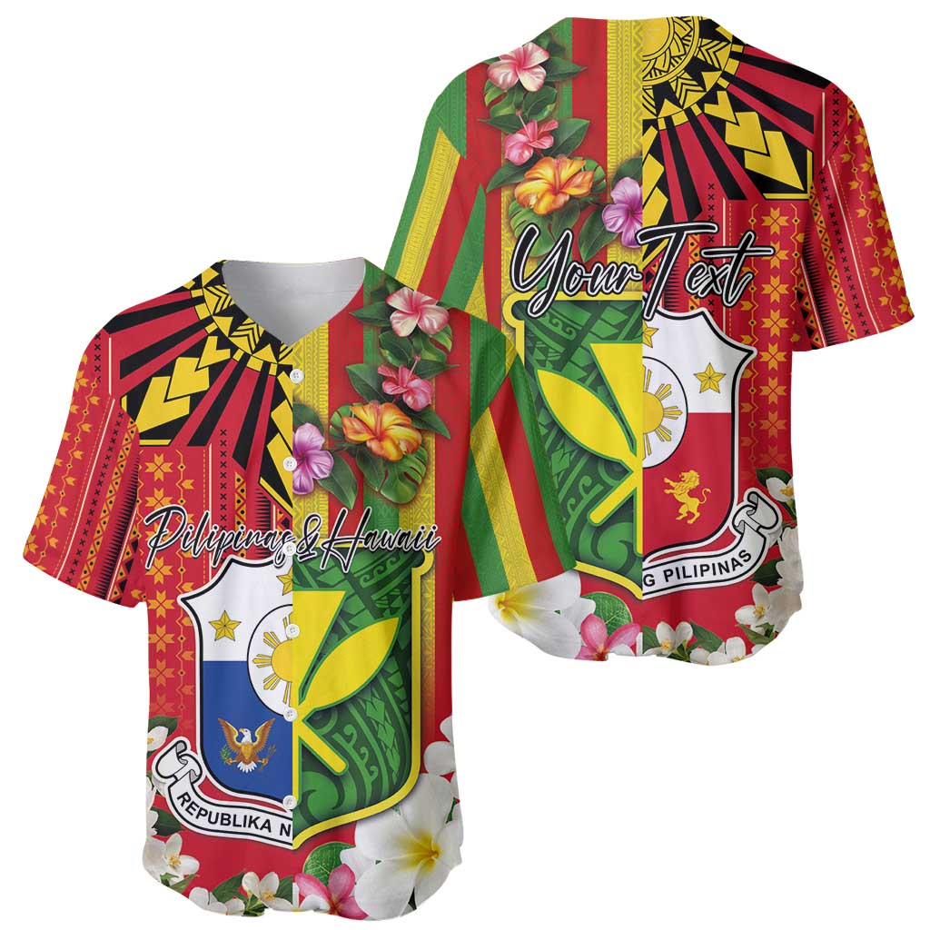 Personalised Hawaii and Philippines Together Baseball Jersey The Emblems with Cultural Symbols Green-Yellow-Red Tricolor LT03 - Polynesian Pride