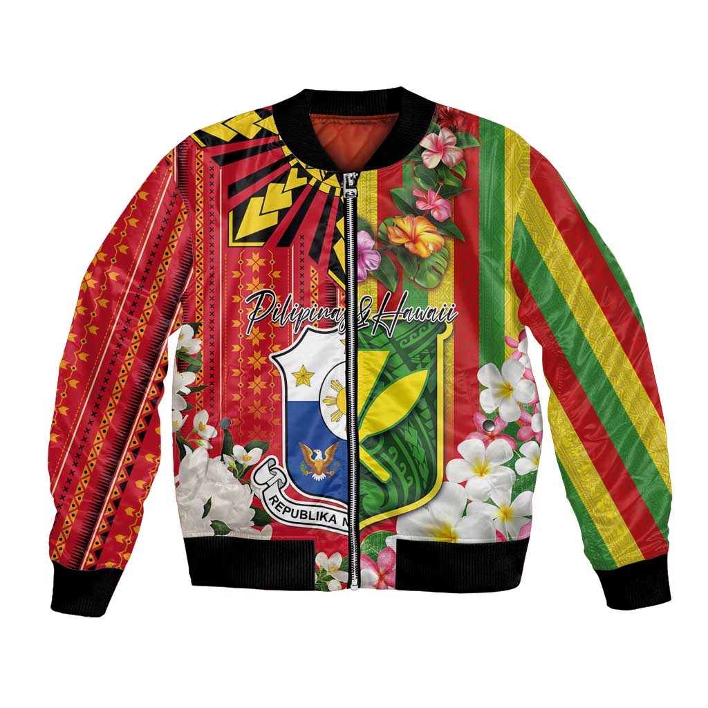 Personalised Hawaii and Philippines Together Bomber Jacket The Emblems with Cultural Symbols Green-Yellow-Red Tricolor LT03 Unisex Art - Polynesian Pride