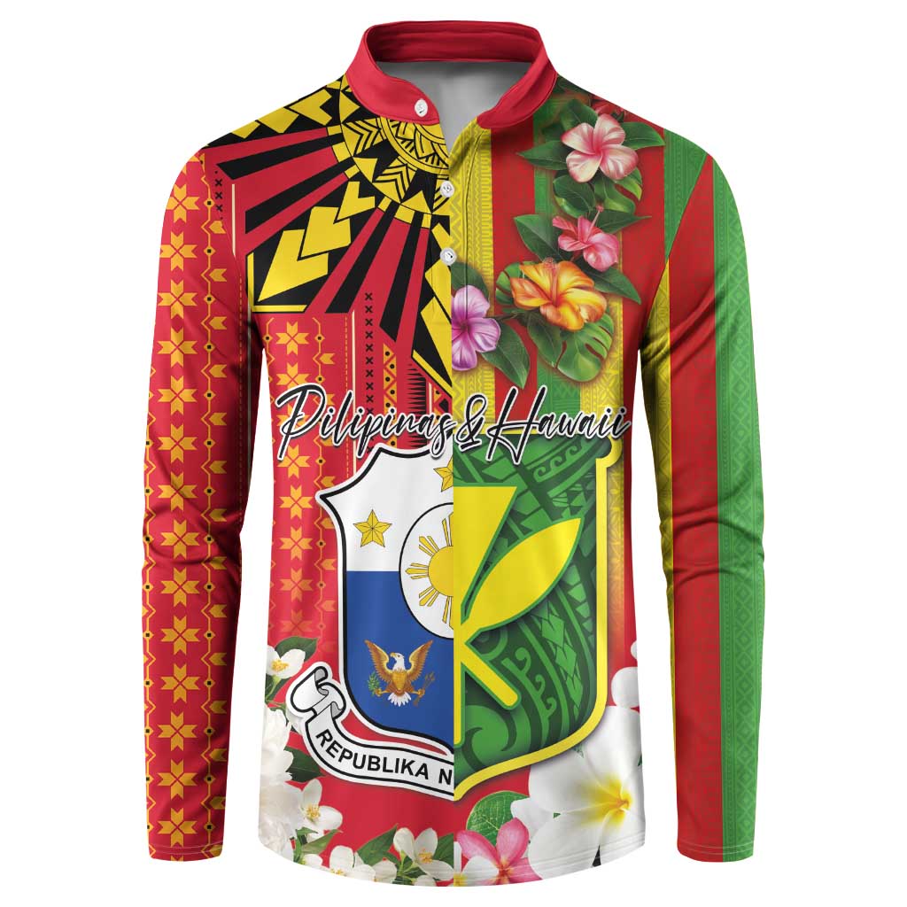 Personalised Hawaii and Philippines Together Button Sweatshirt The Emblems with Cultural Symbols Green-Yellow-Red Tricolor LT03 Art - Polynesian Pride
