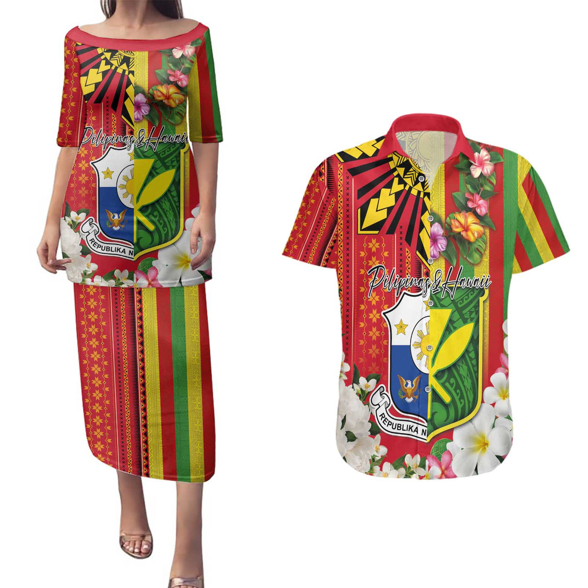 Personalised Hawaii and Philippines Together Couples Matching Puletasi and Hawaiian Shirt The Emblems with Cultural Symbols Green-Yellow-Red Tricolor