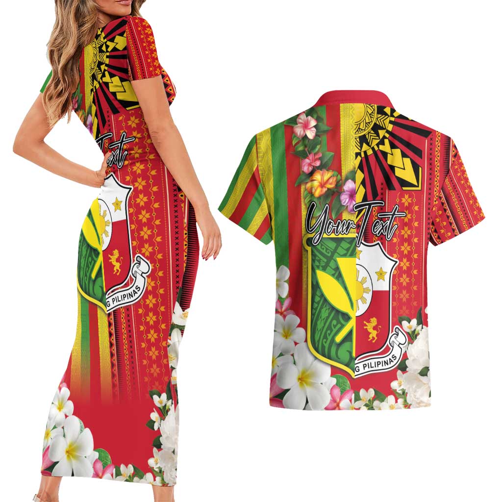 Personalised Hawaii and Philippines Together Couples Matching Short Sleeve Bodycon Dress and Hawaiian Shirt The Emblems with Cultural Symbols Green-Yellow-Red Tricolor