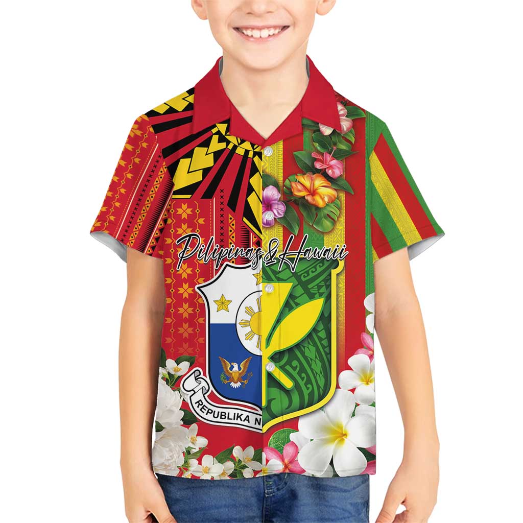 Personalised Hawaii and Philippines Together Family Matching Long Sleeve Bodycon Dress and Hawaiian Shirt The Emblems with Cultural Symbols Green-Yellow-Red Tricolor