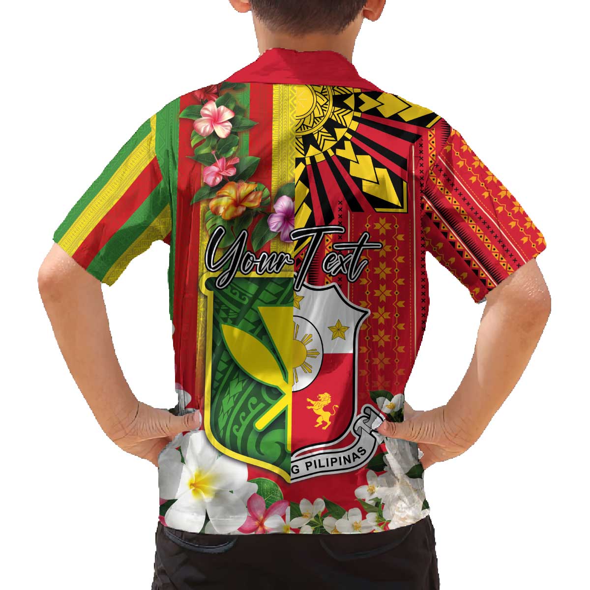 Personalised Hawaii and Philippines Together Family Matching Off The Shoulder Long Sleeve Dress and Hawaiian Shirt The Emblems with Cultural Symbols Green-Yellow-Red Tricolor