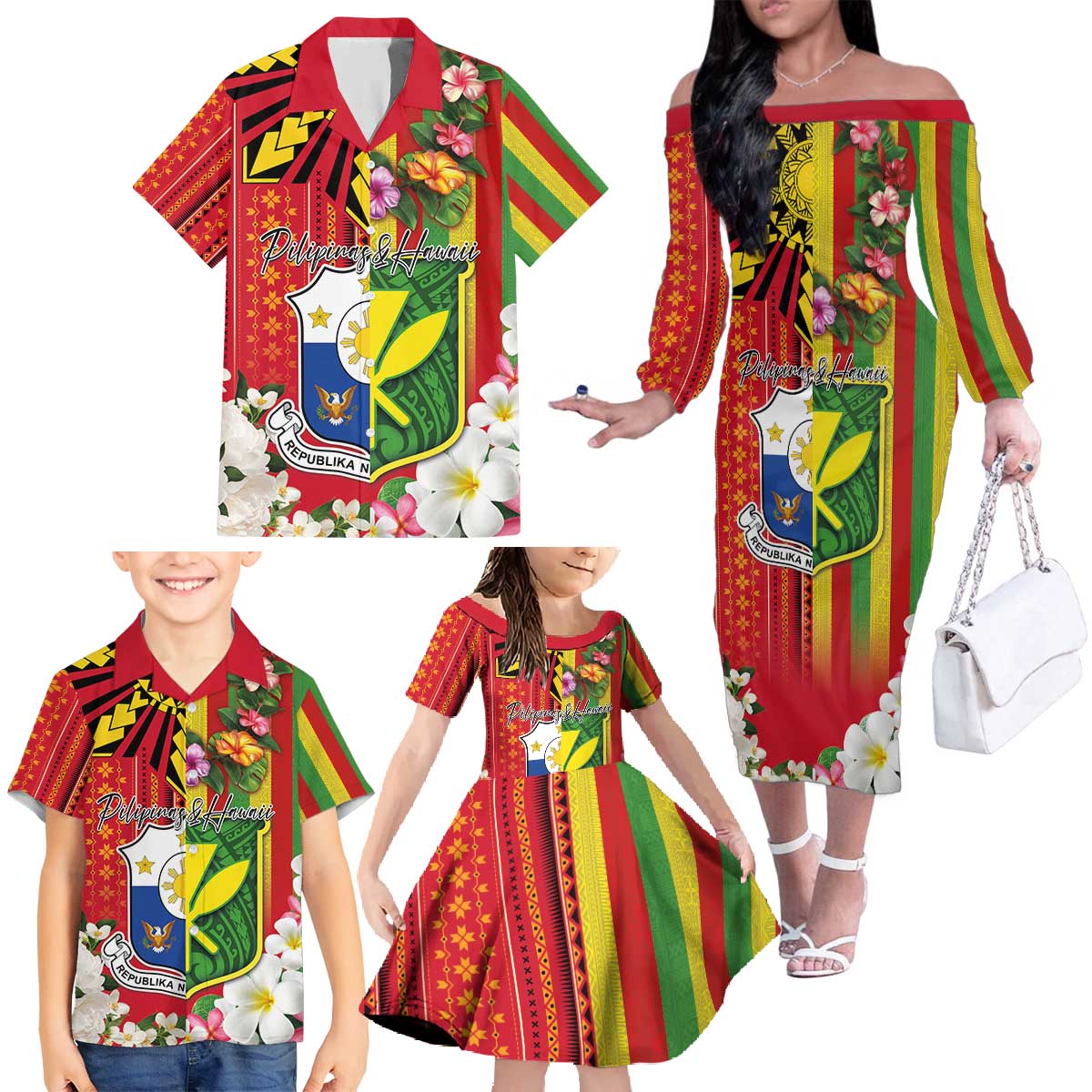 Personalised Hawaii and Philippines Together Family Matching Off The Shoulder Long Sleeve Dress and Hawaiian Shirt The Emblems with Cultural Symbols Green-Yellow-Red Tricolor
