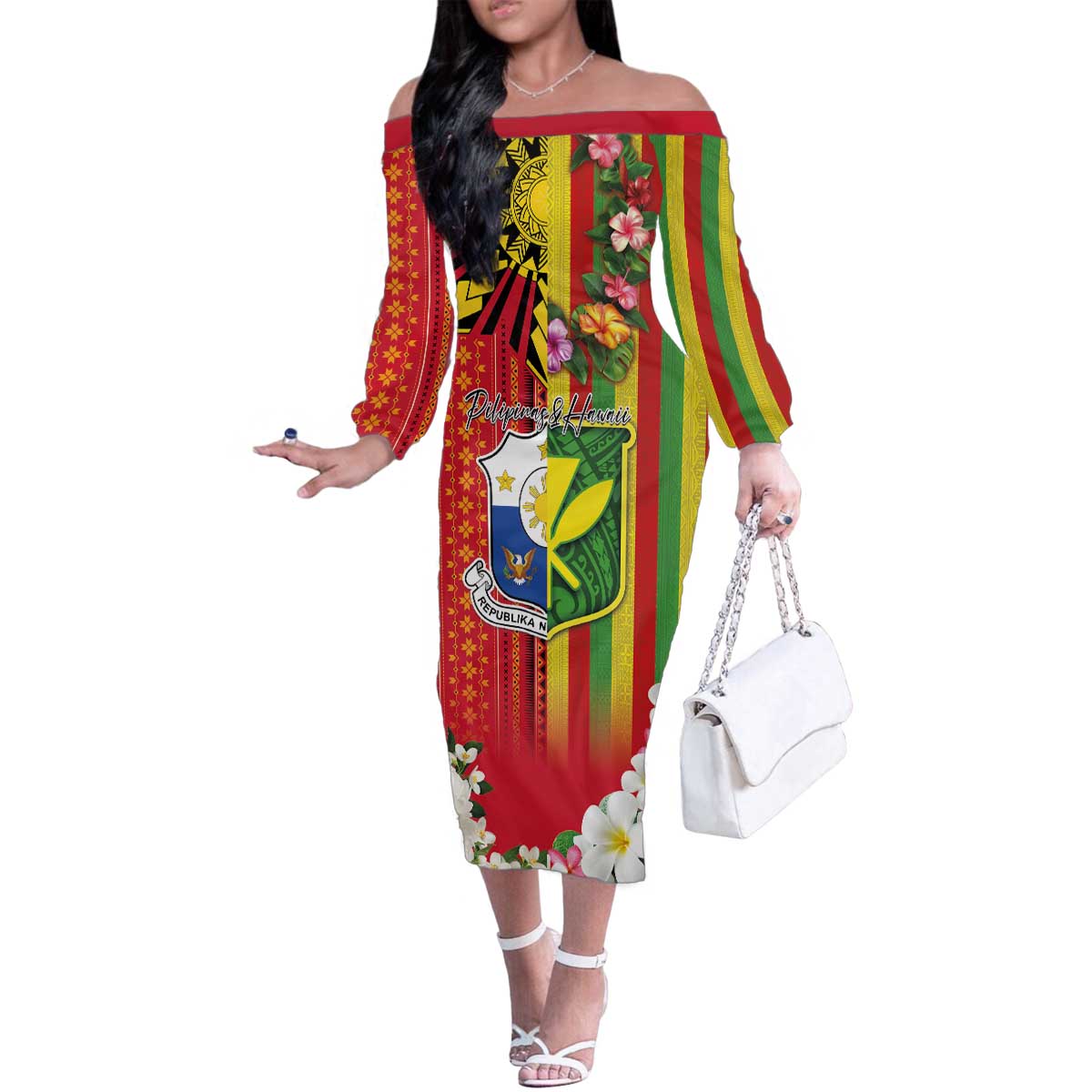 Personalised Hawaii and Philippines Together Family Matching Off The Shoulder Long Sleeve Dress and Hawaiian Shirt The Emblems with Cultural Symbols Green-Yellow-Red Tricolor