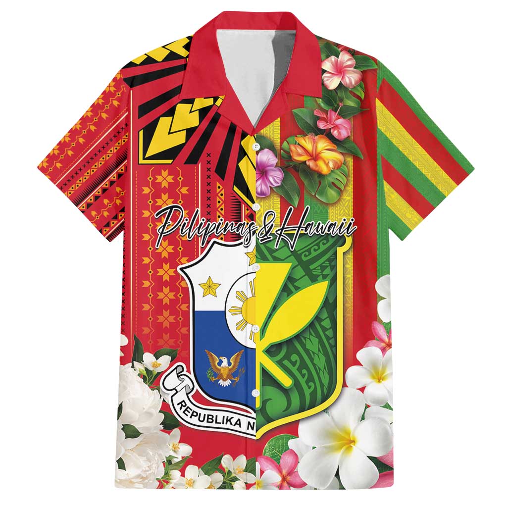 Personalised Hawaii and Philippines Together Family Matching Tank Maxi Dress and Hawaiian Shirt The Emblems with Cultural Symbols Green-Yellow-Red Tricolor LT03 Dad's Shirt - Short Sleeve Art - Polynesian Pride