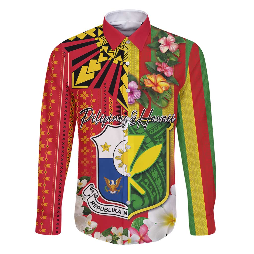 Personalised Hawaii and Philippines Together Family Matching Tank Maxi Dress and Hawaiian Shirt The Emblems with Cultural Symbols Green-Yellow-Red Tricolor LT03 Dad's Shirt - Long Sleeve Art - Polynesian Pride