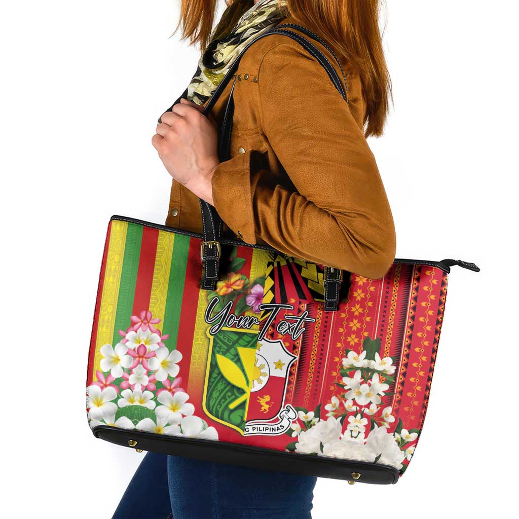 Personalised Hawaii and Philippines Together Leather Tote Bag The Emblems with Cultural Symbols Green-Yellow-Red Tricolor LT03 Art - Polynesian Pride