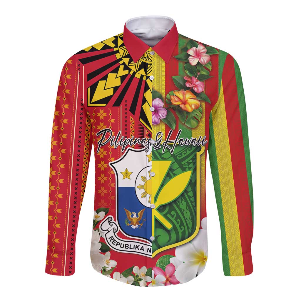 Personalised Hawaii and Philippines Together Long Sleeve Button Shirt The Emblems with Cultural Symbols Green-Yellow-Red Tricolor LT03 Unisex Art - Polynesian Pride