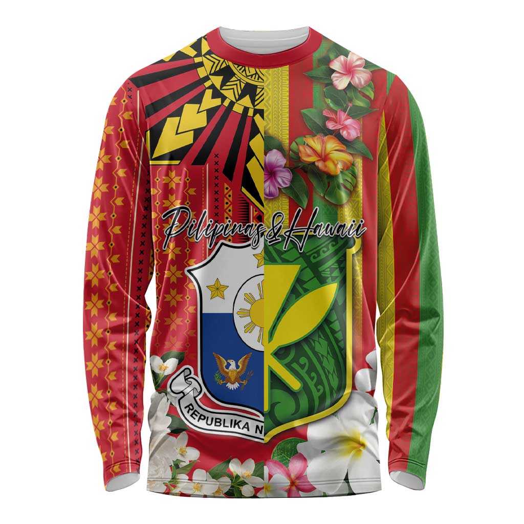 Personalised Hawaii and Philippines Together Long Sleeve Shirt The Emblems with Cultural Symbols Green-Yellow-Red Tricolor LT03 Unisex Art - Polynesian Pride