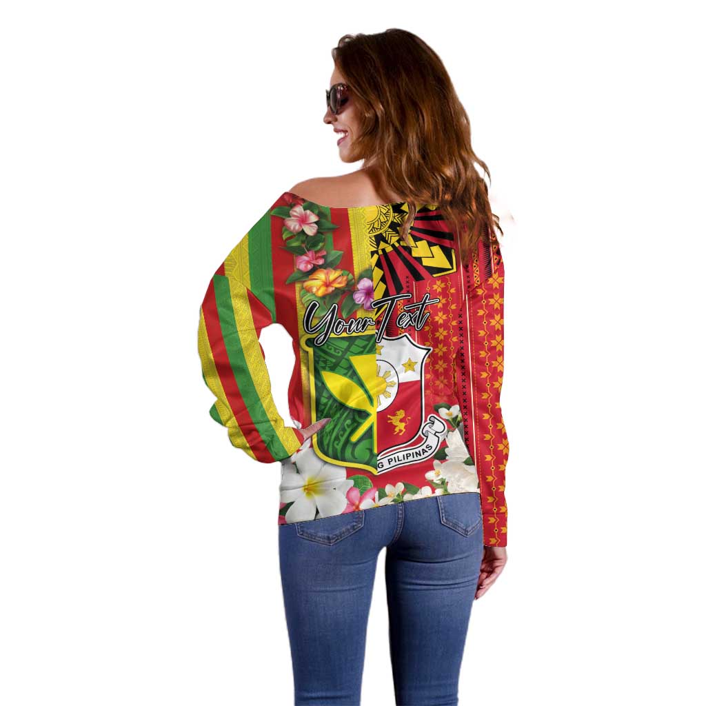 Personalised Hawaii and Philippines Together Off Shoulder Sweater The Emblems with Cultural Symbols Green-Yellow-Red Tricolor