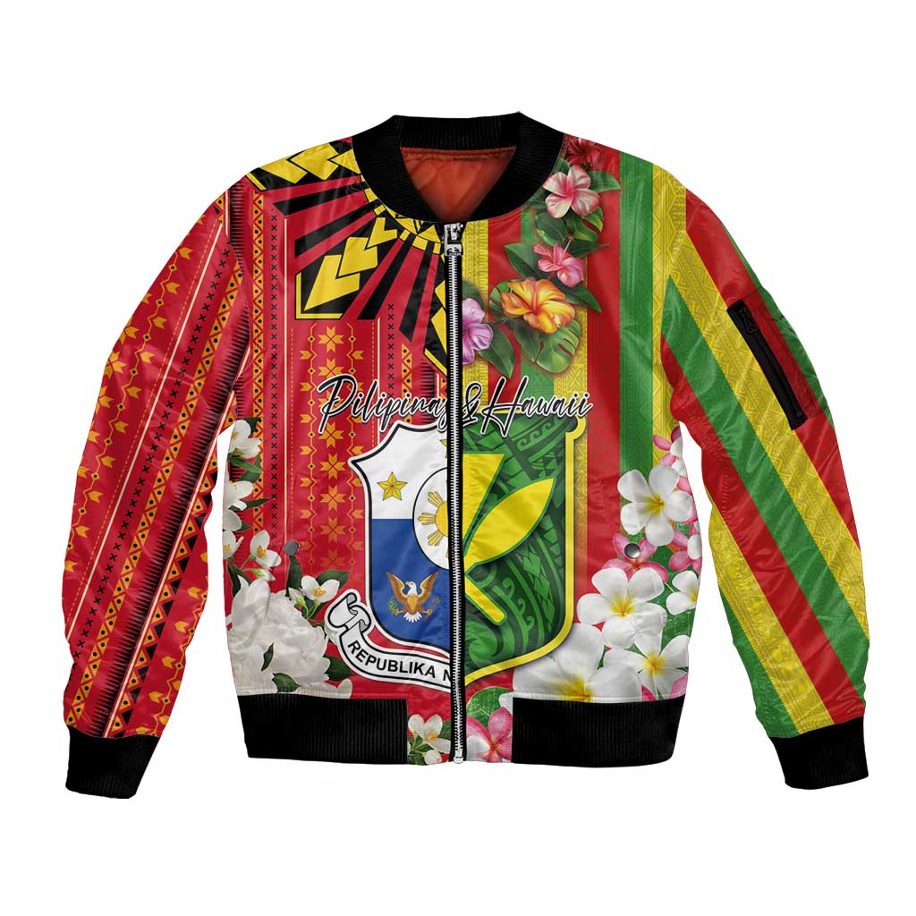 Personalised Hawaii and Philippines Together Sleeve Zip Bomber Jacket The Emblems with Cultural Symbols Green-Yellow-Red Tricolor LT03 Unisex Art - Polynesian Pride