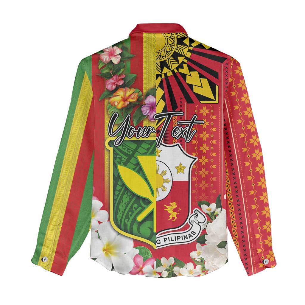 Personalised Hawaii and Philippines Together Women Casual Shirt The Emblems with Cultural Symbols Green-Yellow-Red Tricolor