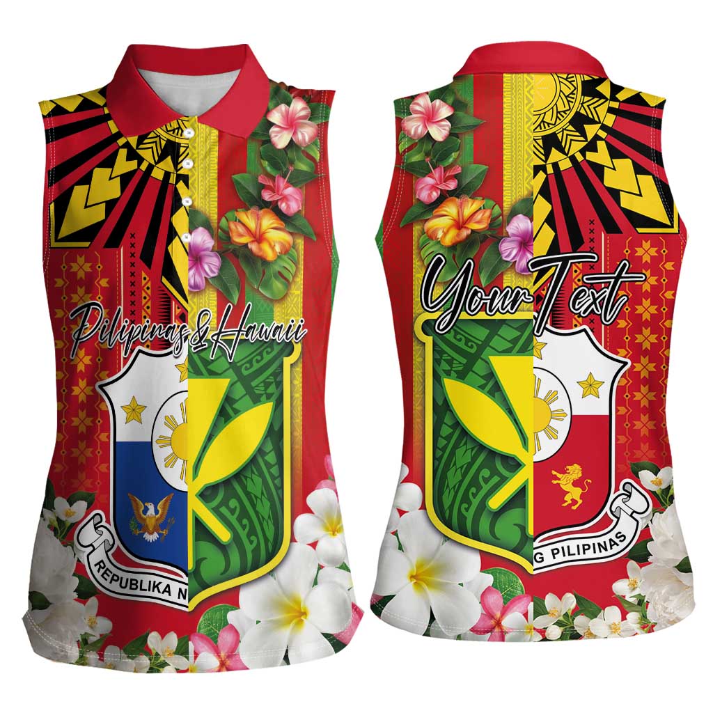 Personalised Hawaii and Philippines Together Women Sleeveless Polo Shirt The Emblems with Cultural Symbols Green-Yellow-Red Tricolor