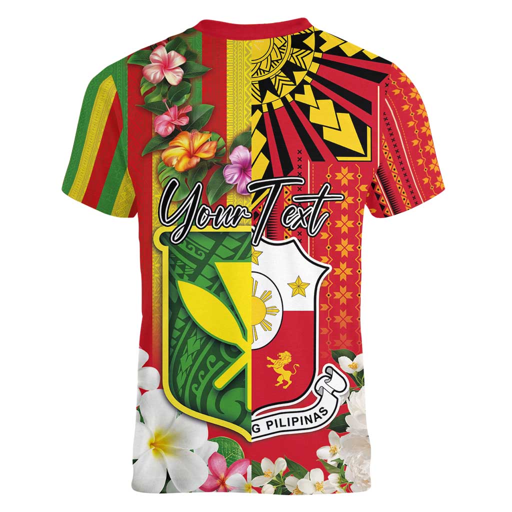 Personalised Hawaii and Philippines Together Women V-Neck T-Shirt The Emblems with Cultural Symbols Green-Yellow-Red Tricolor