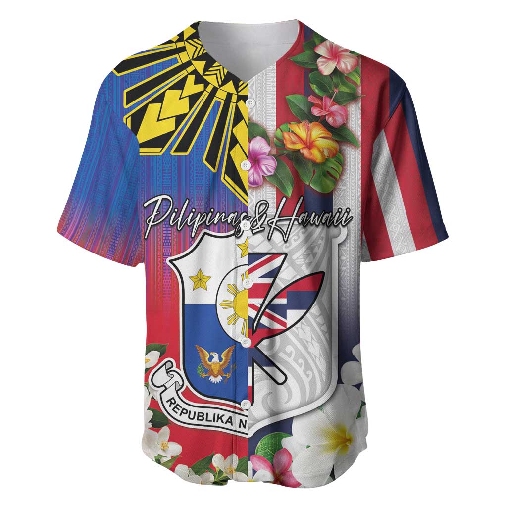 Personalised Hawaii and Philippines Together Baseball Jersey The Emblems with Cultural Symbols Blue-White-Red Tricolor LT03 Art - Polynesian Pride