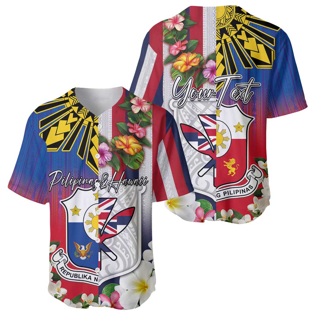 Personalised Hawaii and Philippines Together Baseball Jersey The Emblems with Cultural Symbols Blue-White-Red Tricolor LT03 - Polynesian Pride