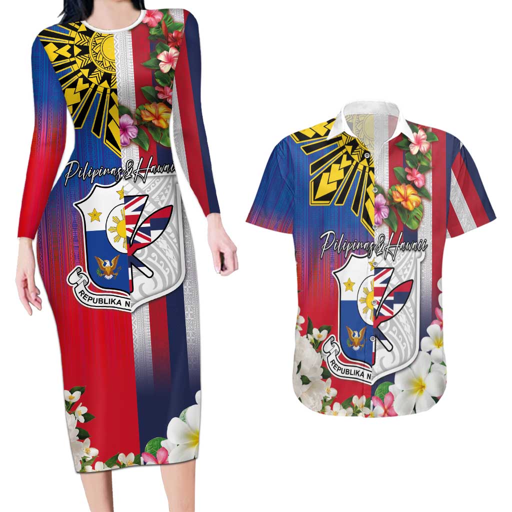 Personalised Hawaii and Philippines Together Couples Matching Long Sleeve Bodycon Dress and Hawaiian Shirt The Emblems with Cultural Symbols Blue-White-Red Tricolor LT03 Art - Polynesian Pride