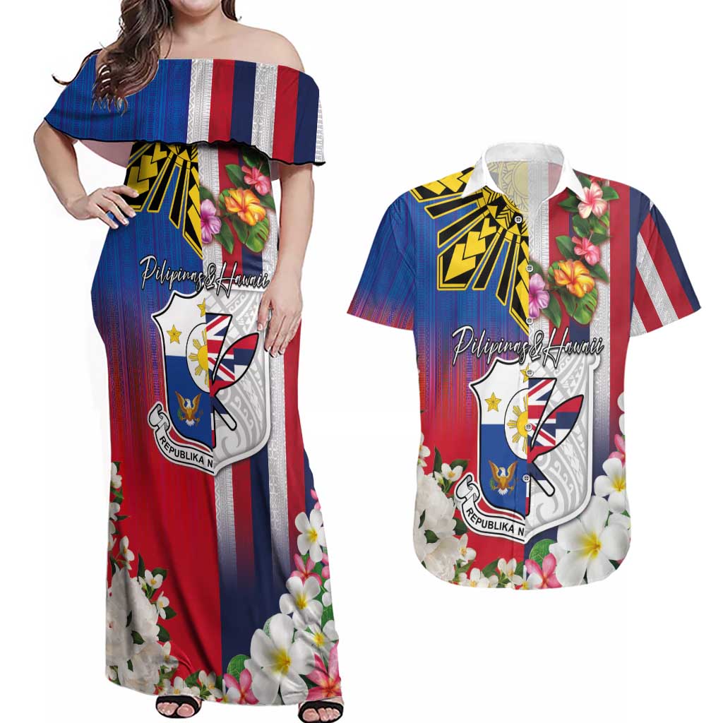 Personalised Hawaii and Philippines Together Couples Matching Off Shoulder Maxi Dress and Hawaiian Shirt The Emblems with Cultural Symbols Blue-White-Red Tricolor LT03 Art - Polynesian Pride