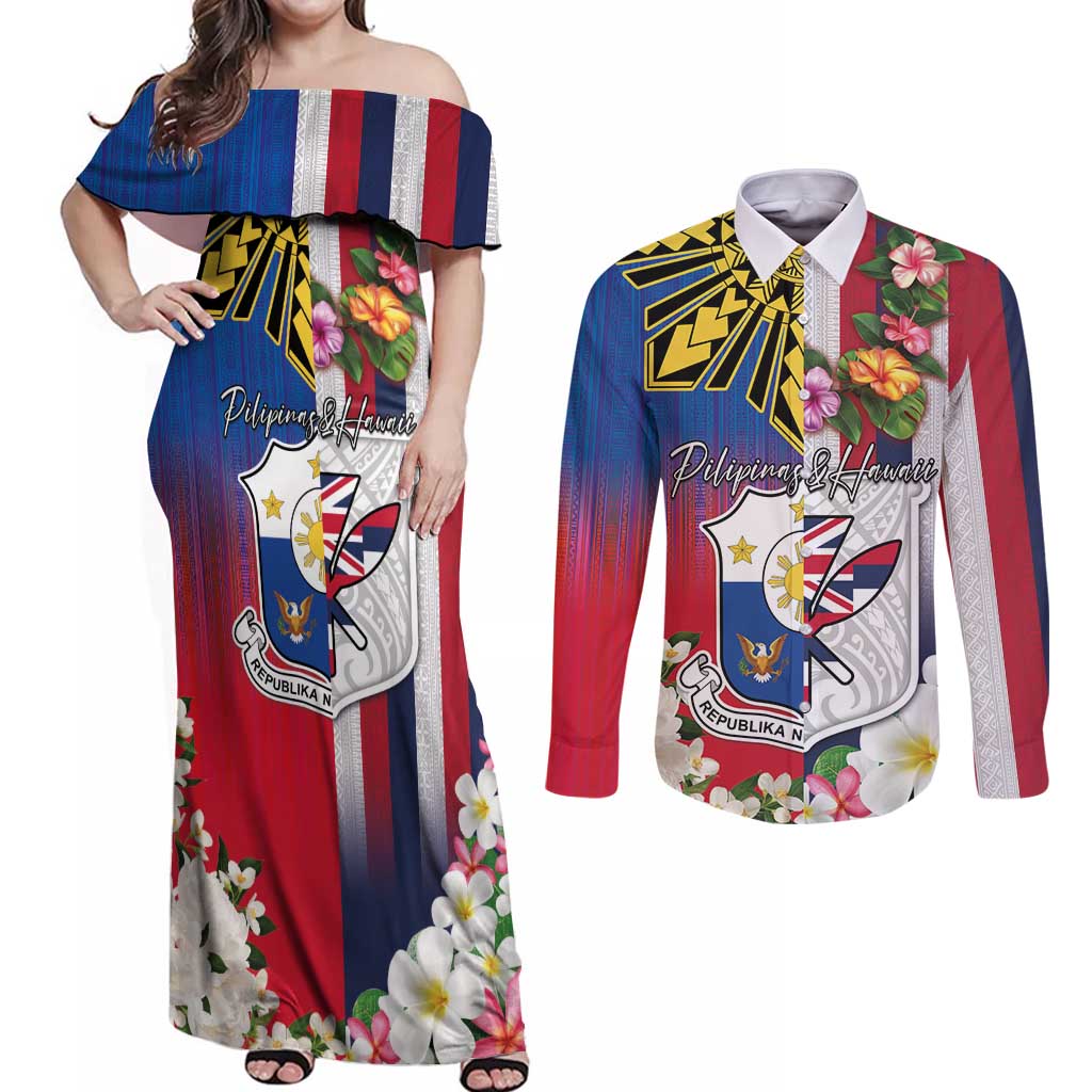 Personalised Hawaii and Philippines Together Couples Matching Off Shoulder Maxi Dress and Long Sleeve Button Shirt The Emblems with Cultural Symbols Blue-White-Red Tricolor LT03 Art - Polynesian Pride