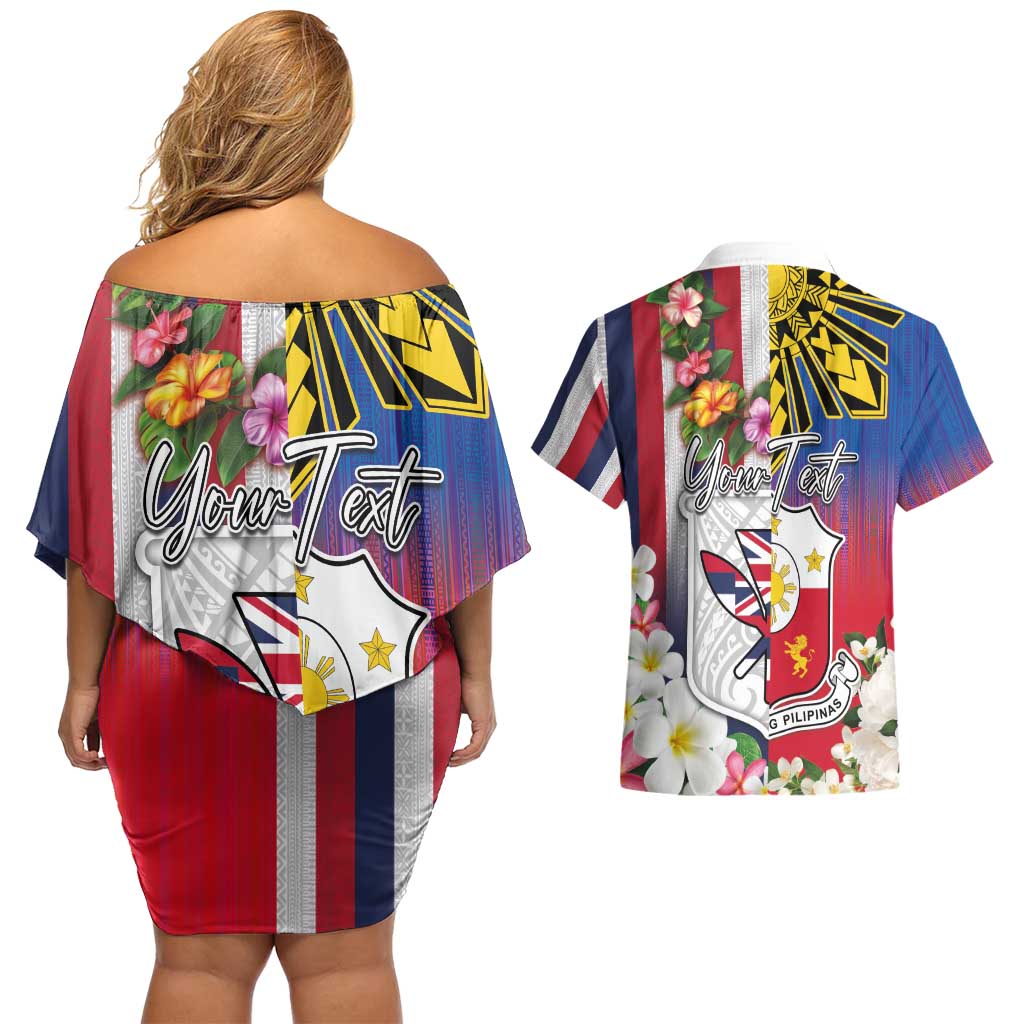 Personalised Hawaii and Philippines Together Couples Matching Off Shoulder Short Dress and Hawaiian Shirt The Emblems with Cultural Symbols Blue-White-Red Tricolor