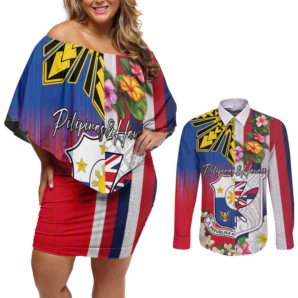 Personalised Hawaii and Philippines Together Couples Matching Off Shoulder Short Dress and Long Sleeve Button Shirt The Emblems with Cultural Symbols Blue-White-Red Tricolor LT03 Art - Polynesian Pride