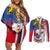 Personalised Hawaii and Philippines Together Couples Matching Off Shoulder Short Dress and Long Sleeve Button Shirt The Emblems with Cultural Symbols Blue-White-Red Tricolor