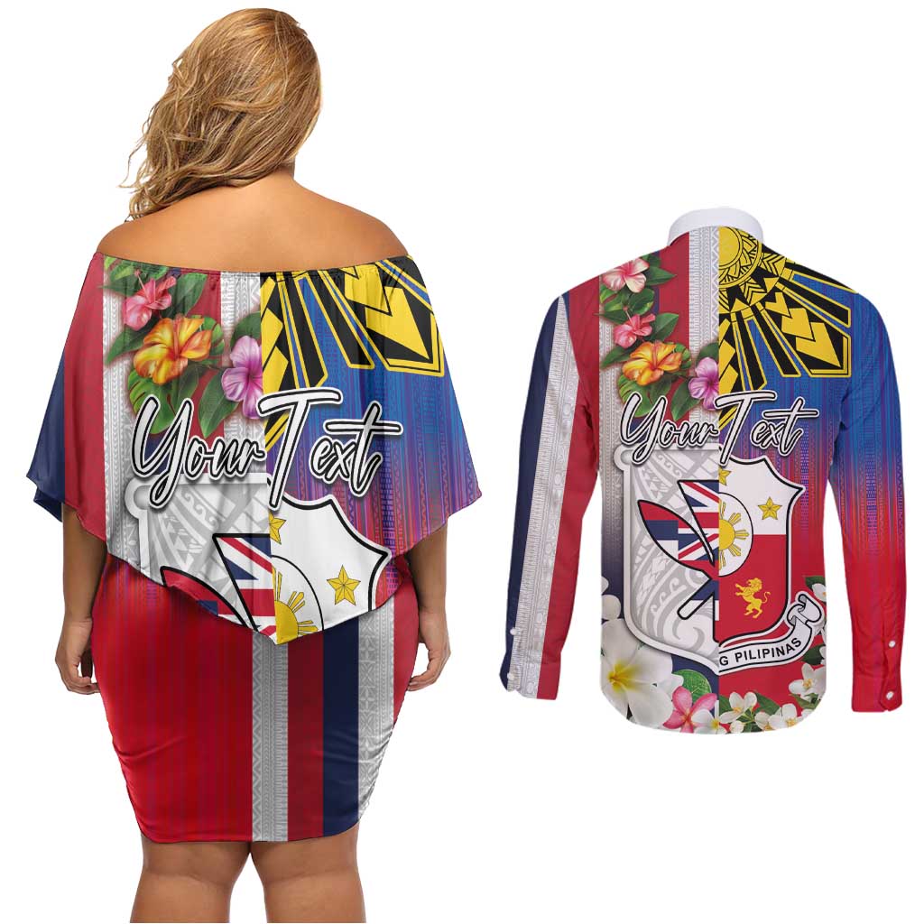 Personalised Hawaii and Philippines Together Couples Matching Off Shoulder Short Dress and Long Sleeve Button Shirt The Emblems with Cultural Symbols Blue-White-Red Tricolor