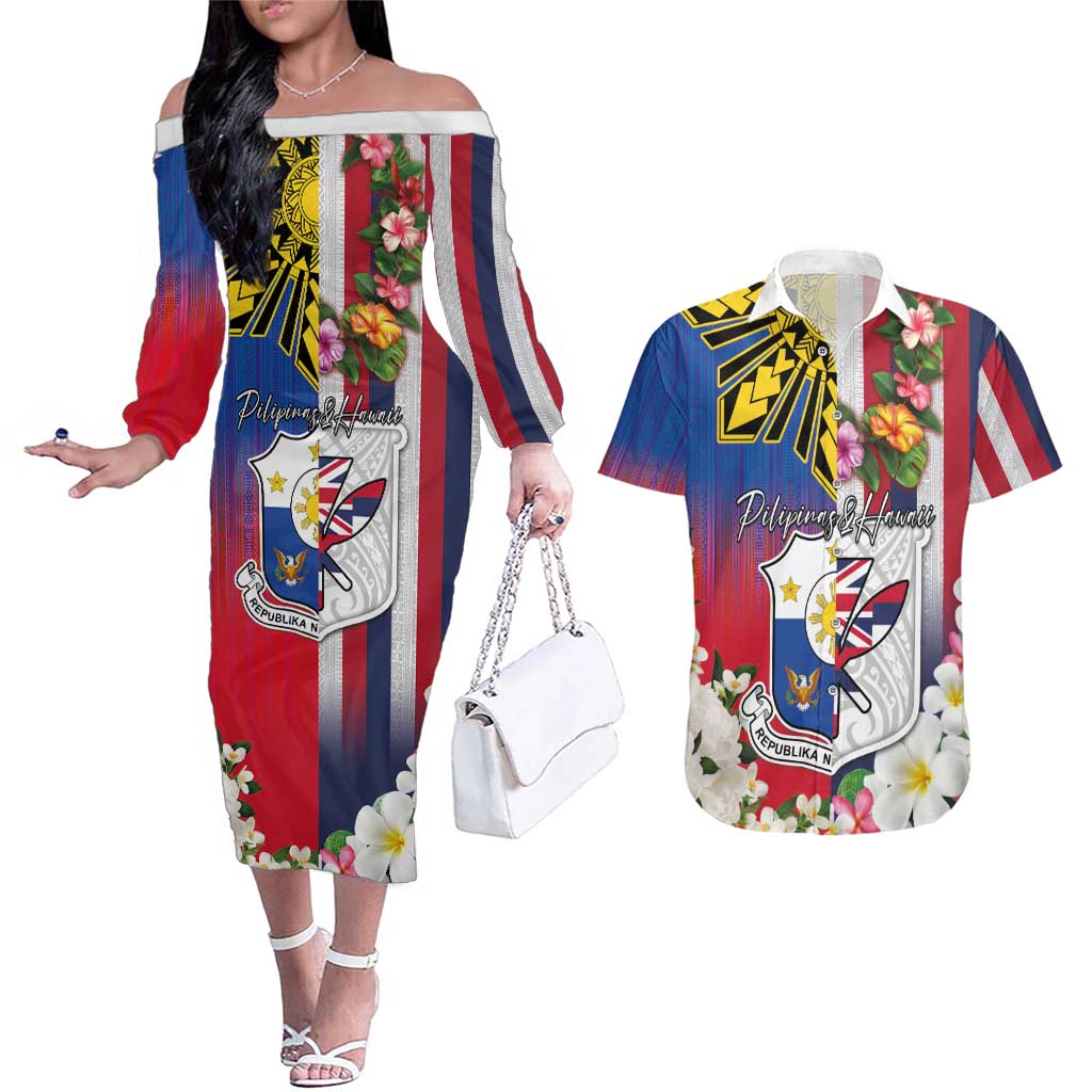 Personalised Hawaii and Philippines Together Couples Matching Off The Shoulder Long Sleeve Dress and Hawaiian Shirt The Emblems with Cultural Symbols Blue-White-Red Tricolor LT03 Art - Polynesian Pride