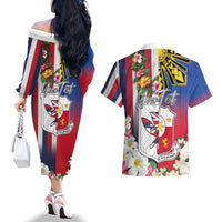 Personalised Hawaii and Philippines Together Couples Matching Off The Shoulder Long Sleeve Dress and Hawaiian Shirt The Emblems with Cultural Symbols Blue-White-Red Tricolor