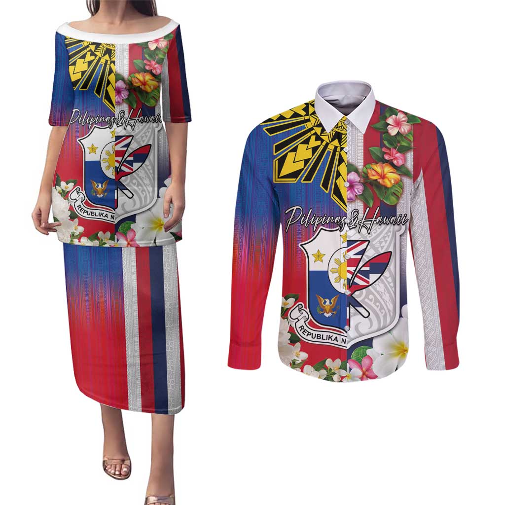 Personalised Hawaii and Philippines Together Couples Matching Puletasi and Long Sleeve Button Shirt The Emblems with Cultural Symbols Blue-White-Red Tricolor LT03 Art - Polynesian Pride