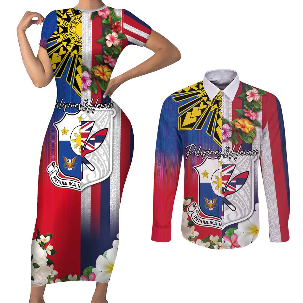 Personalised Hawaii and Philippines Together Couples Matching Short Sleeve Bodycon Dress and Long Sleeve Button Shirt The Emblems with Cultural Symbols Blue-White-Red Tricolor LT03 Art - Polynesian Pride
