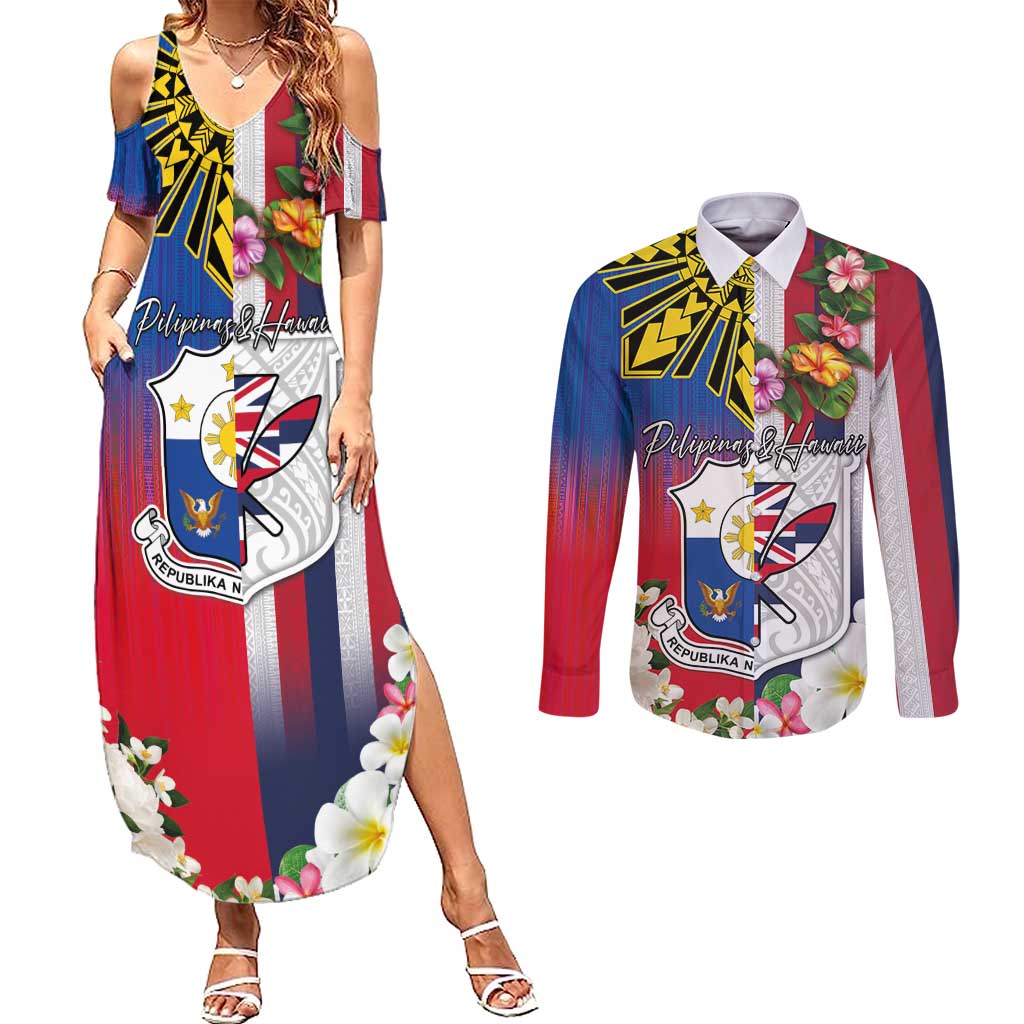 Personalised Hawaii and Philippines Together Couples Matching Summer Maxi Dress and Long Sleeve Button Shirt The Emblems with Cultural Symbols Blue-White-Red Tricolor LT03 Art - Polynesian Pride