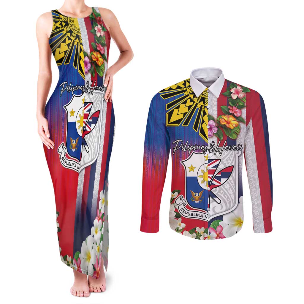 Personalised Hawaii and Philippines Together Couples Matching Tank Maxi Dress and Long Sleeve Button Shirt The Emblems with Cultural Symbols Blue-White-Red Tricolor LT03 Art - Polynesian Pride