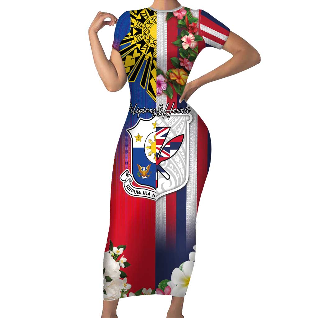 Personalised Hawaii and Philippines Together Family Matching Short Sleeve Bodycon Dress and Hawaiian Shirt The Emblems with Cultural Symbols Blue-White-Red Tricolor