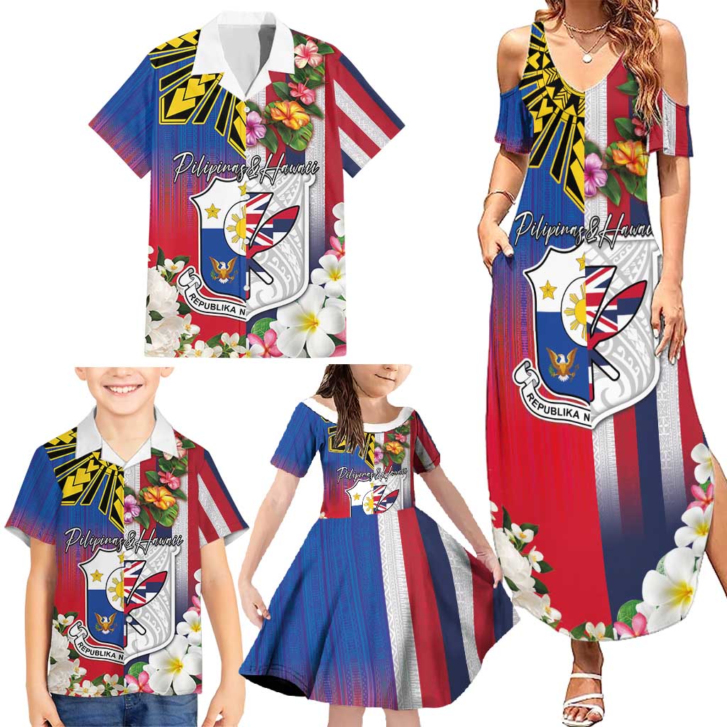 Personalised Hawaii and Philippines Together Family Matching Summer Maxi Dress and Hawaiian Shirt The Emblems with Cultural Symbols Blue-White-Red Tricolor LT03 - Polynesian Pride