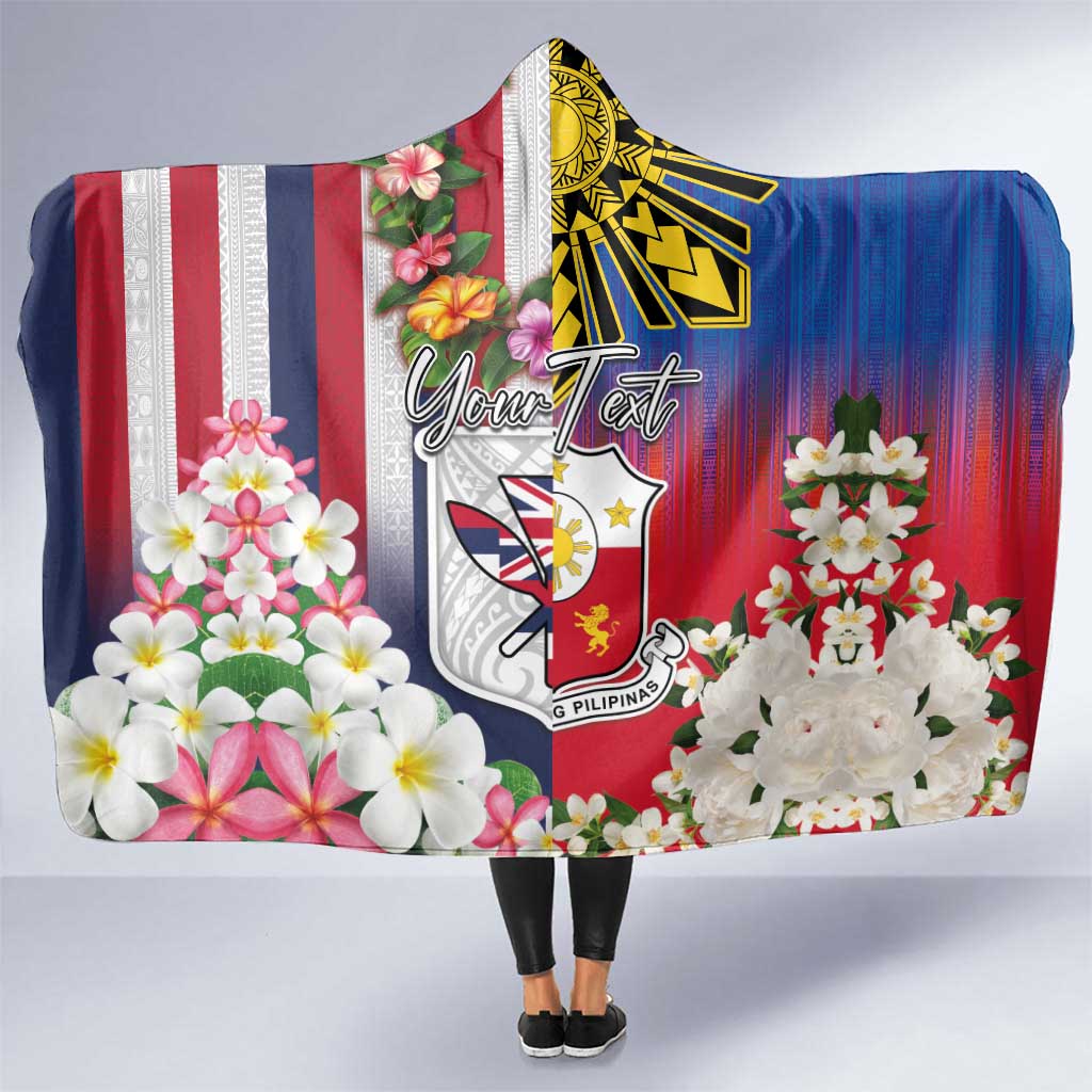 Personalised Hawaii and Philippines Together Hooded Blanket The Emblems with Cultural Symbols Blue-White-Red Tricolor LT03 One Size Art - Polynesian Pride