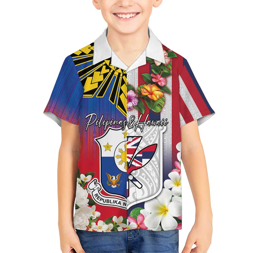 Personalised Hawaii and Philippines Together Kid Hawaiian Shirt The Emblems with Cultural Symbols Blue-White-Red Tricolor