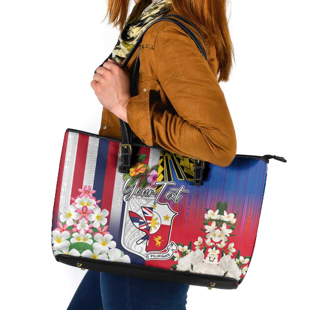 Personalised Hawaii and Philippines Together Leather Tote Bag The Emblems with Cultural Symbols Blue-White-Red Tricolor LT03 Art - Polynesian Pride