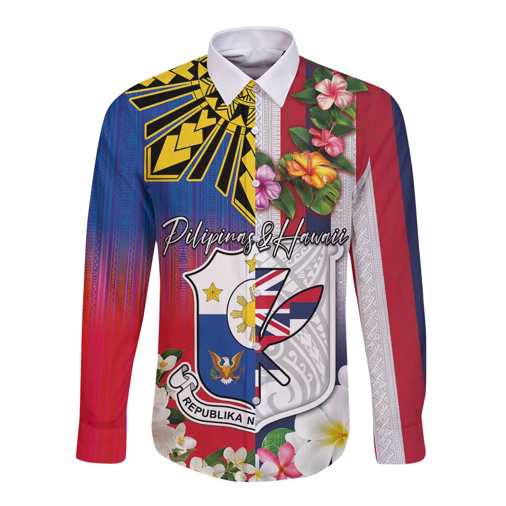 Personalised Hawaii and Philippines Together Long Sleeve Button Shirt The Emblems with Cultural Symbols Blue-White-Red Tricolor LT03 Unisex Art - Polynesian Pride