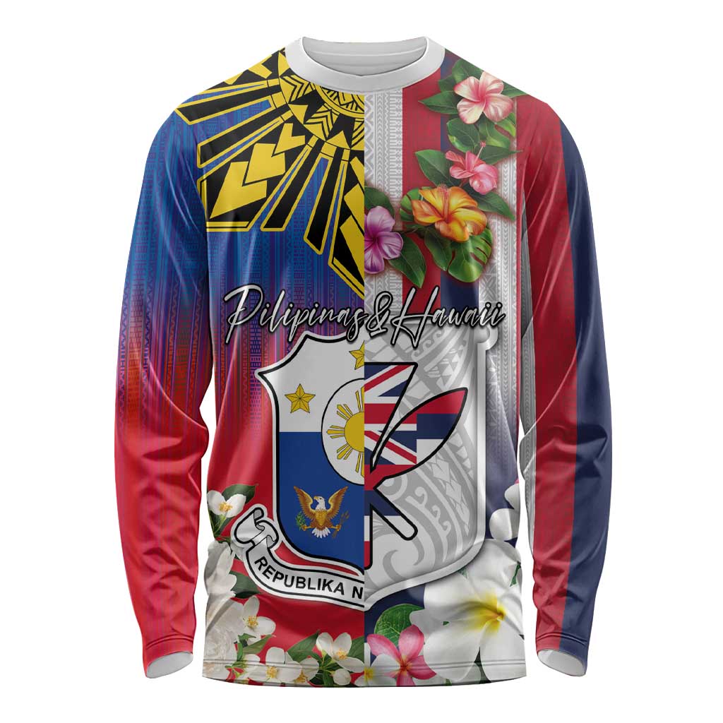 Personalised Hawaii and Philippines Together Long Sleeve Shirt The Emblems with Cultural Symbols Blue-White-Red Tricolor LT03 Unisex Art - Polynesian Pride