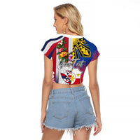 Personalised Hawaii and Philippines Together Raglan Cropped T Shirt The Emblems with Cultural Symbols Blue-White-Red Tricolor