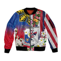 Personalised Hawaii and Philippines Together Sleeve Zip Bomber Jacket The Emblems with Cultural Symbols Blue-White-Red Tricolor