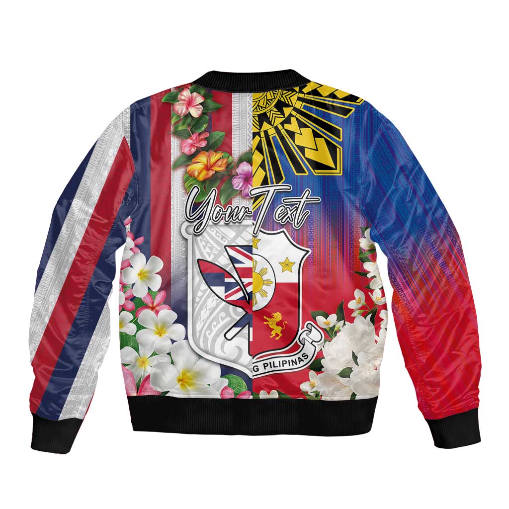 Personalised Hawaii and Philippines Together Sleeve Zip Bomber Jacket The Emblems with Cultural Symbols Blue-White-Red Tricolor