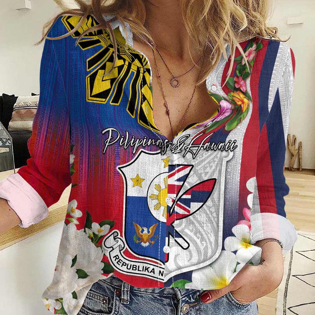 Personalised Hawaii and Philippines Together Women Casual Shirt The Emblems with Cultural Symbols Blue-White-Red Tricolor