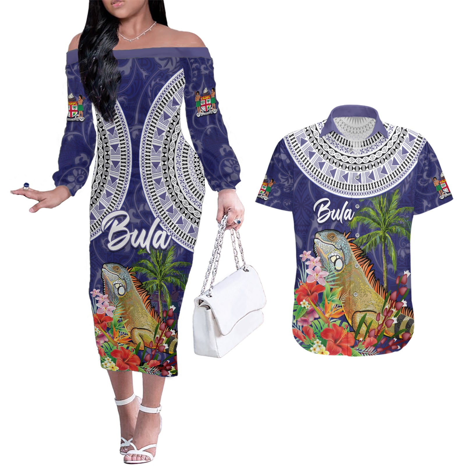 Bula Fiji Crested Iguana Couples Matching Off The Shoulder Long Sleeve Dress and Hawaiian Shirt Tagimaucia Tapa Tribal Blue Color LT03 Blue - Polynesian Pride