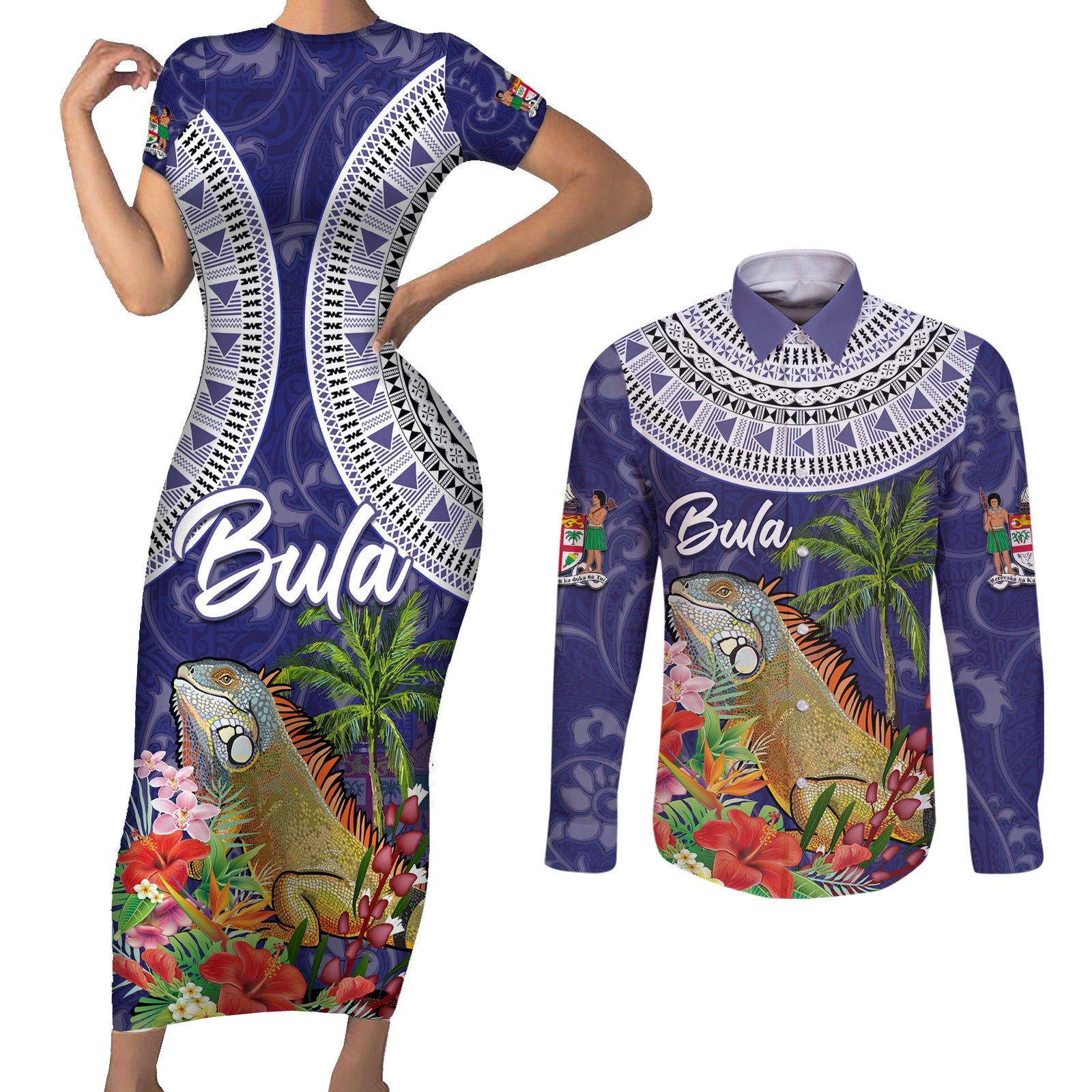 Bula Fiji Crested Iguana Couples Matching Short Sleeve Bodycon Dress and Long Sleeve Button Shirt Tagimaucia Tapa Tribal Blue Color LT03 Blue - Polynesian Pride