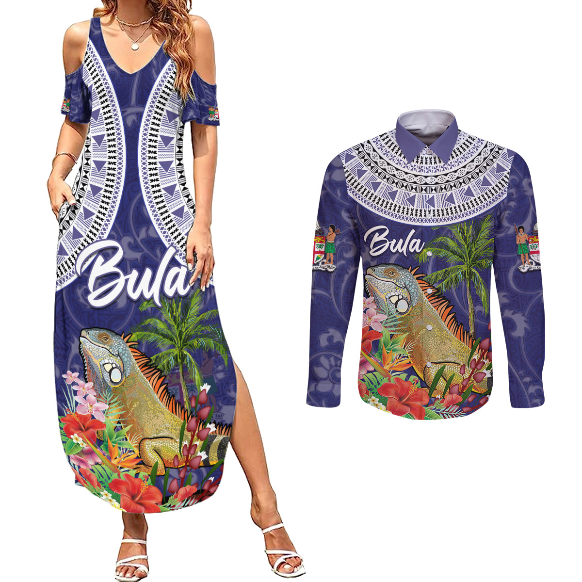 Bula Fiji Crested Iguana Couples Matching Summer Maxi Dress and Long Sleeve Button Shirt Tagimaucia Tapa Tribal Blue Color LT03 Blue - Polynesian Pride